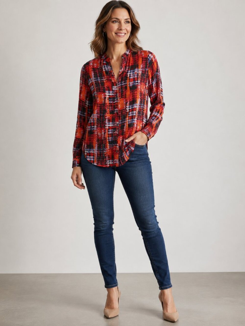 Simply Vera Vera Wang XS NWT Red Orange Abstract Plaid Button Down Blouse